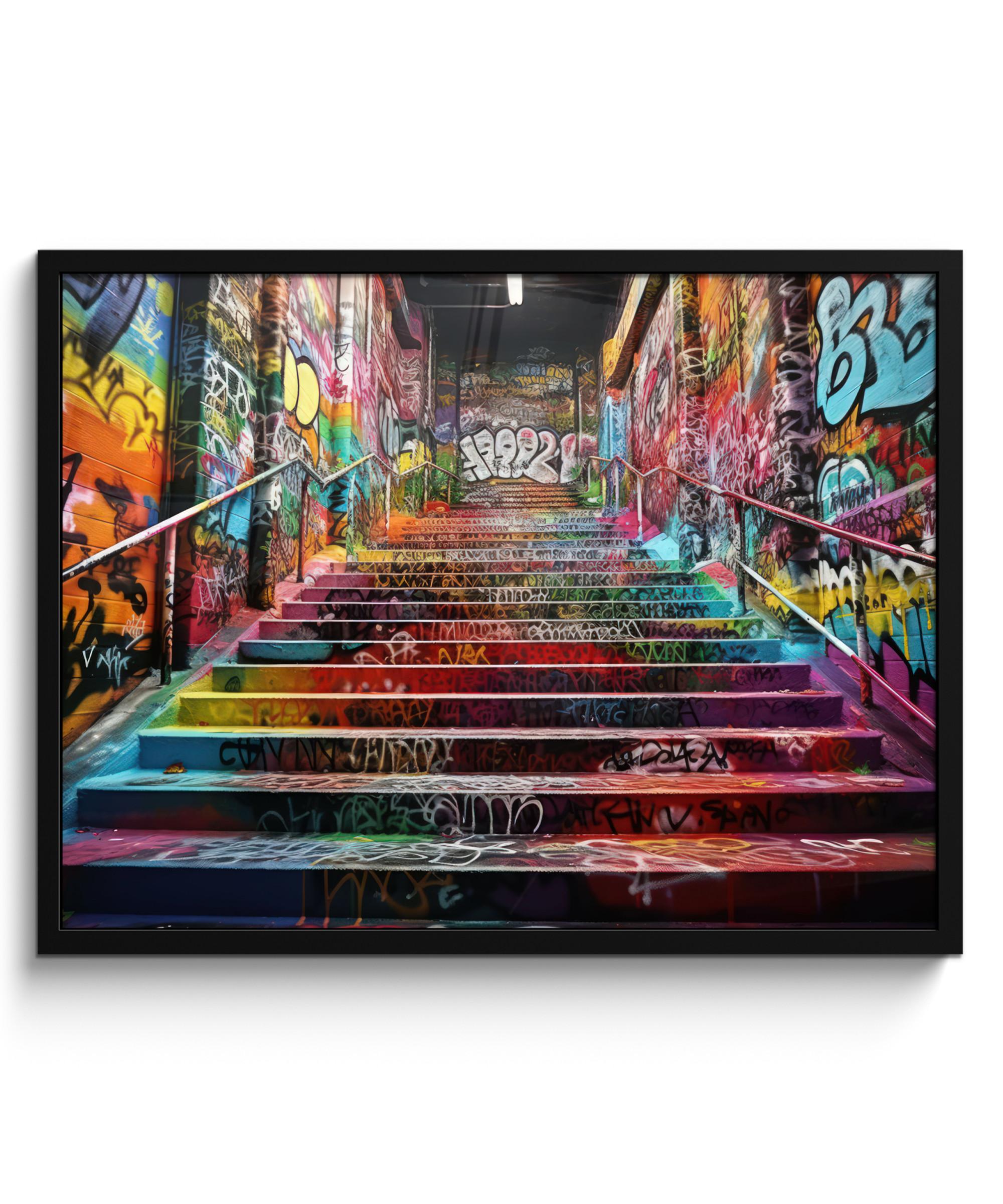 POSTER MIT RAHMEN Treppe - Graffiti - Farben - Kunst 80x60 cm - Multicolor, Papier (80/60cm) - MuchoWow