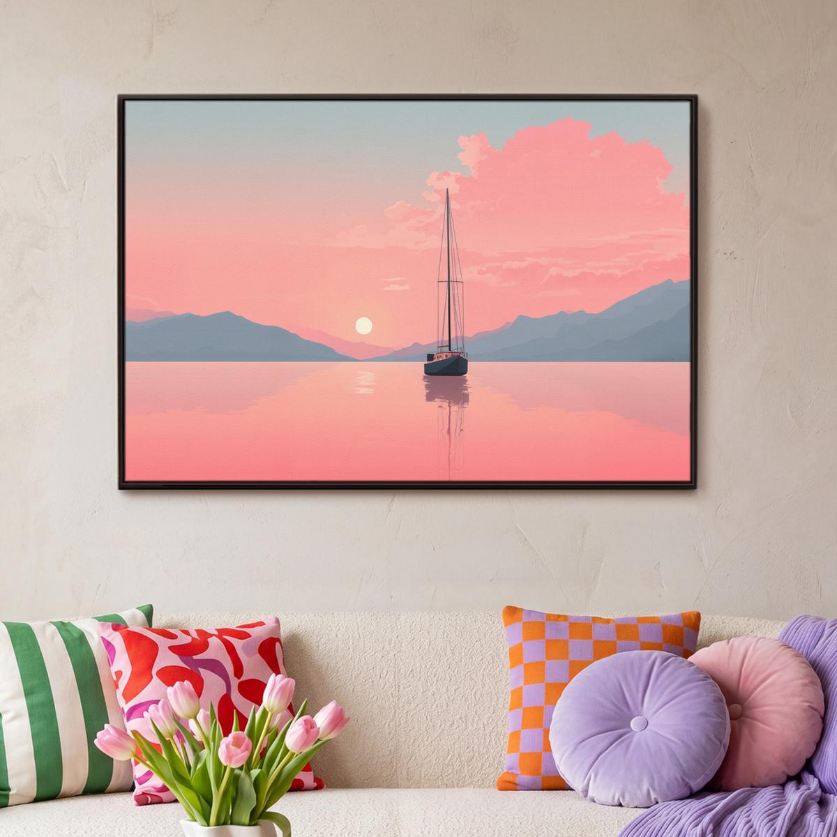 LEINWAND Bilder mit Rahmen - Segelboot - Rosa Meer - Sonnenuntergang - Berge - 90x60 - Rosa, Textil (90/60cm) - MuchoWow