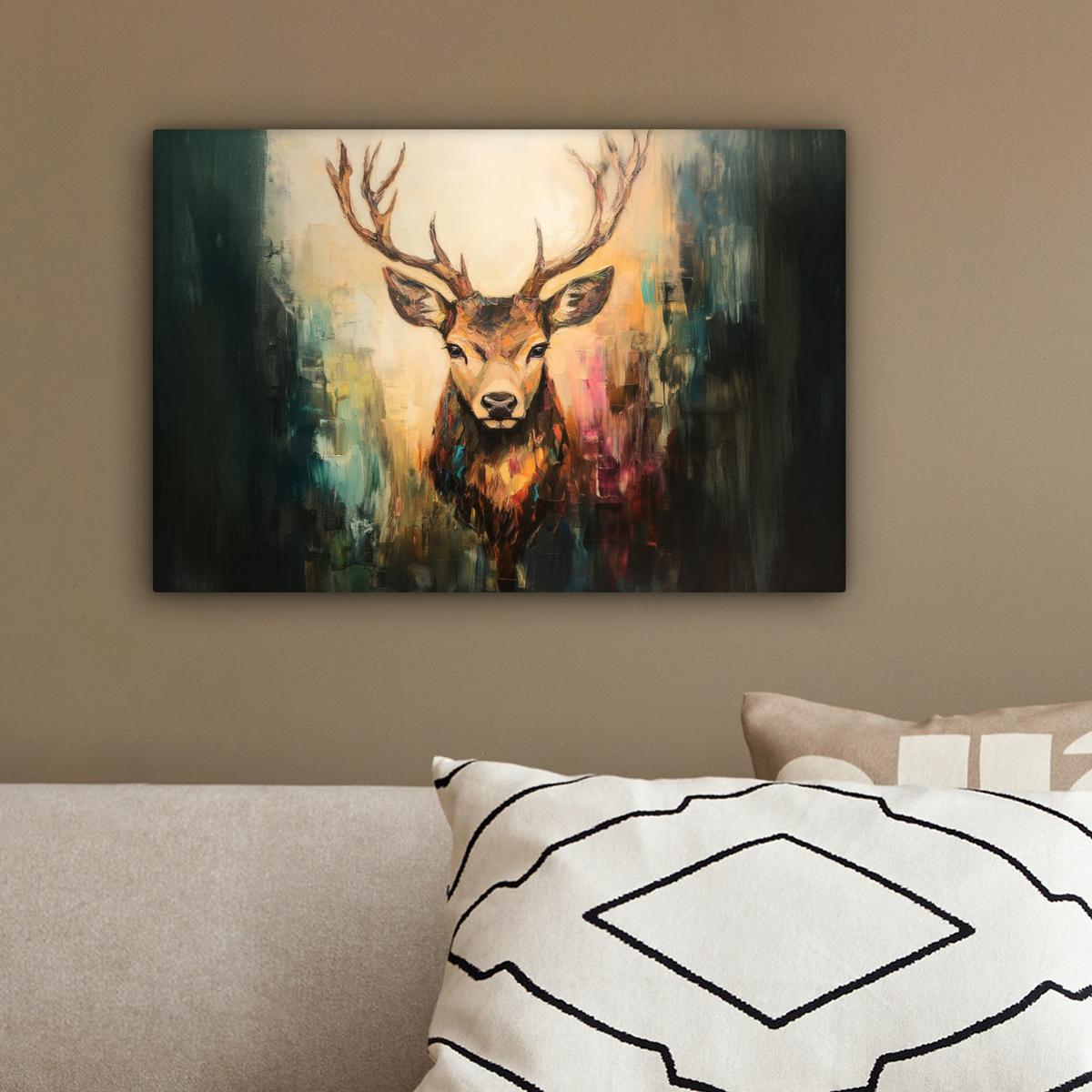 LEINWANDBILD Hirsch - Gemalt - Geweih - Braun Deko Schlafzimmer 30x20 cm - Haselnussfarben, Textil (30/20cm) - MuchoWow