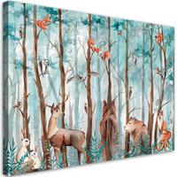 WANDBILD Waldtiere Hirschbär Fuchs 90x60cm - Türkis, Textil (90/60cm) - Feeby