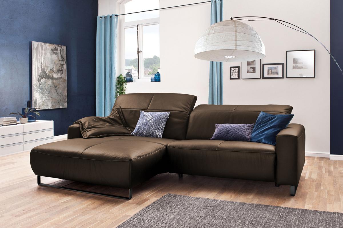 ECKSOFA YORK Walnuss Dekor Leder - Walnussfarben/Schwarz, Leder (284/180cm) - KAWOLA