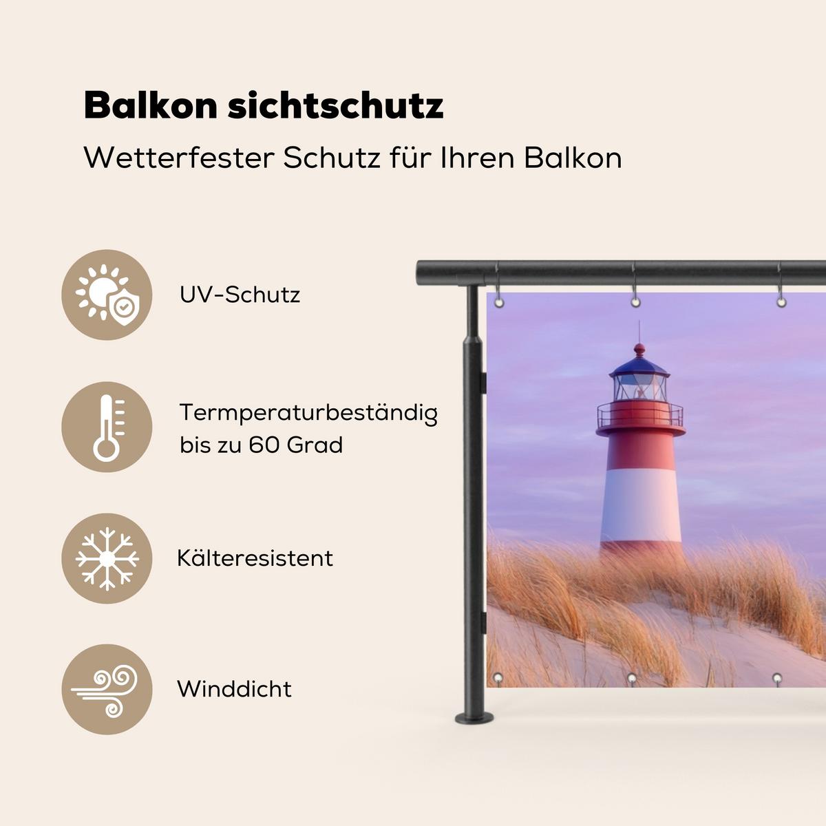 BALKON-SICHTSCHUTZ Leuchtturm - Dünen - Sonnenuntergang Windschutz 300x100 cm - Hellrosa, Kunststoff (300/100cm) - MuchoWow