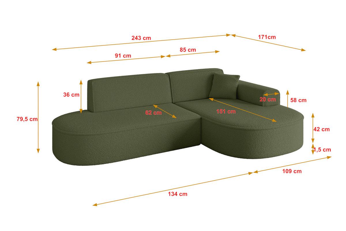 ECKSOFA Ottomane Rechts MARI-L1 - 243x171x79 cm Grün Bouclé - Schwarz/Grün, Holzwerkstoff/Kunststoff (234/163cm) - ALTDECOR