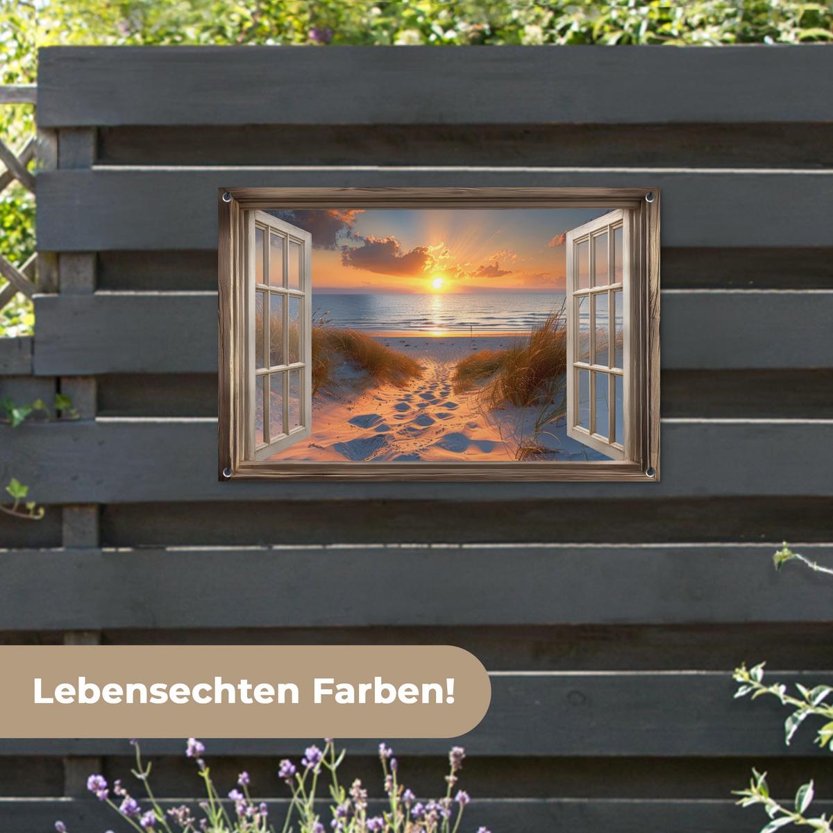 GARTENPOSTER Durchblick - Strand - Dünen - Sonnenuntergang Gartendeko 90x60 cm - Orange, Kunststoff (90/60/0.2cm) - OnlyWow