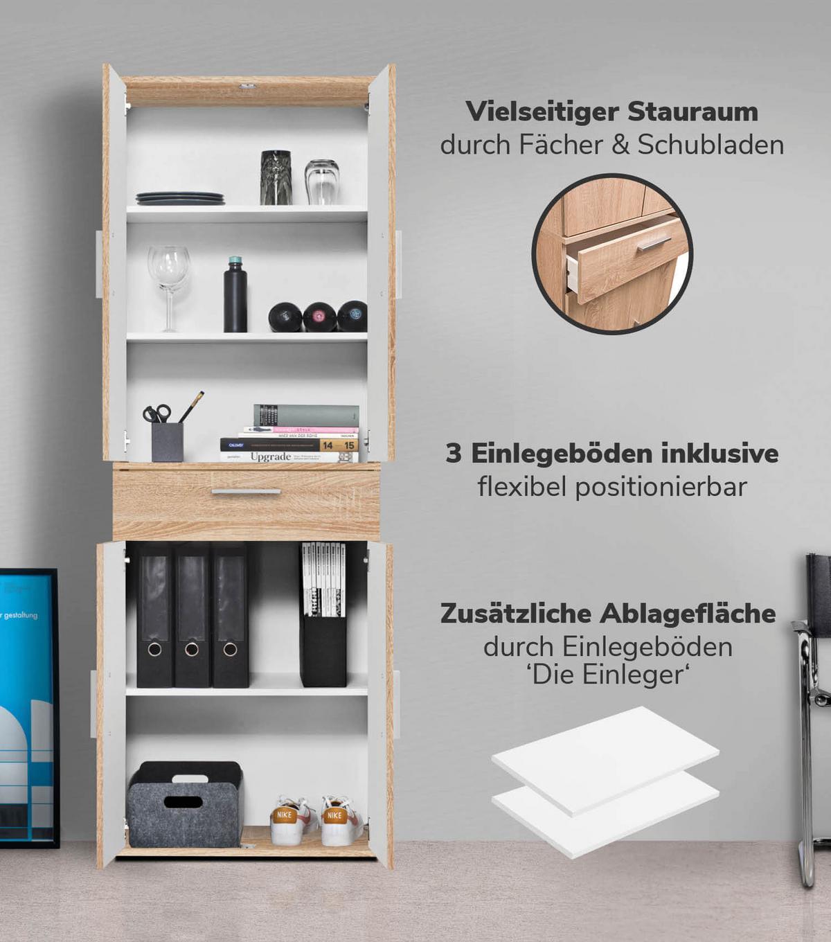MEHRZWECKSCHRANK SET Der Allzweckwaffe - Silberfarben/Sonoma Eiche, Holzwerkstoff (60/180/34cm) - Mokebo