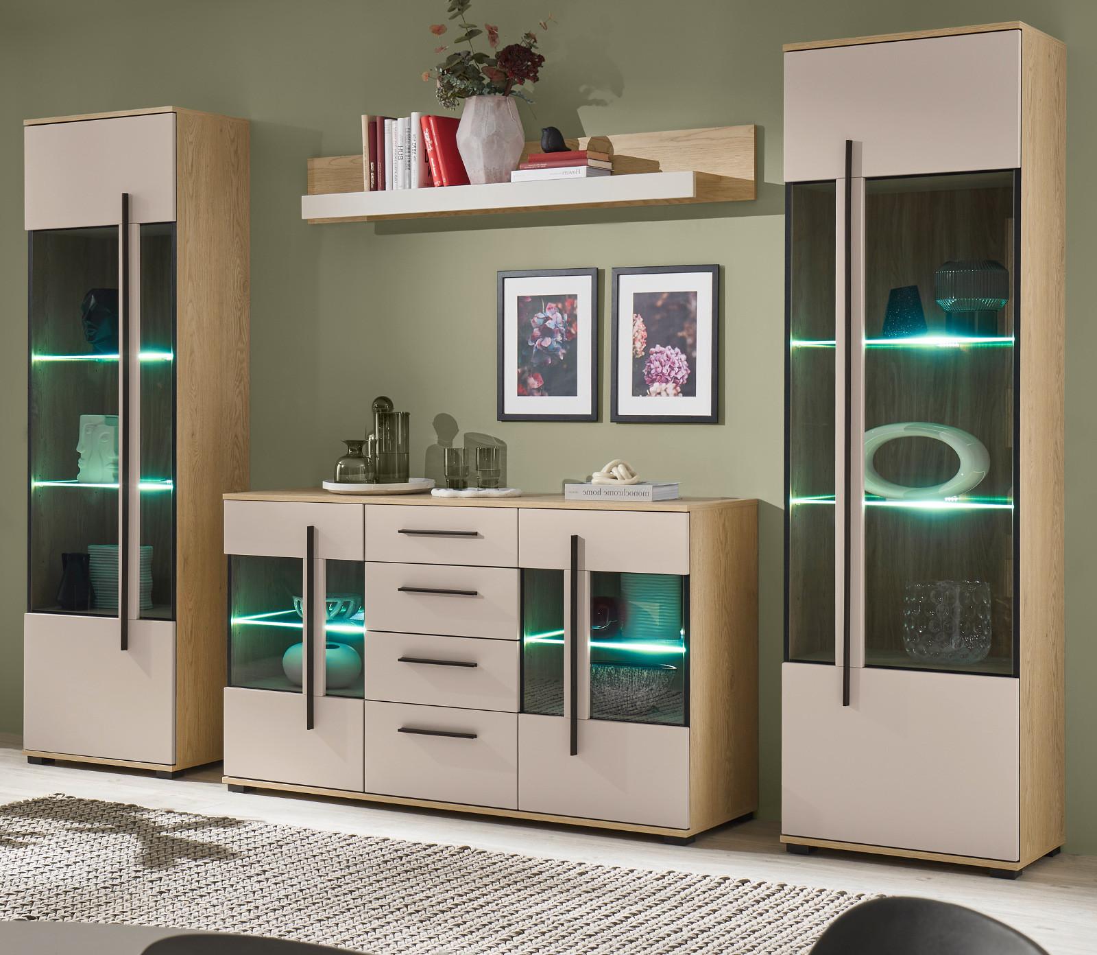 WOHNWAND Kaschmir, Eiche 4-teilig 290 cm, Wohnkombination mit Soft-Close - Kaschmir/Eichefarben, Glas/Holzwerkstoff (290/200/37cm) - Furn.Design