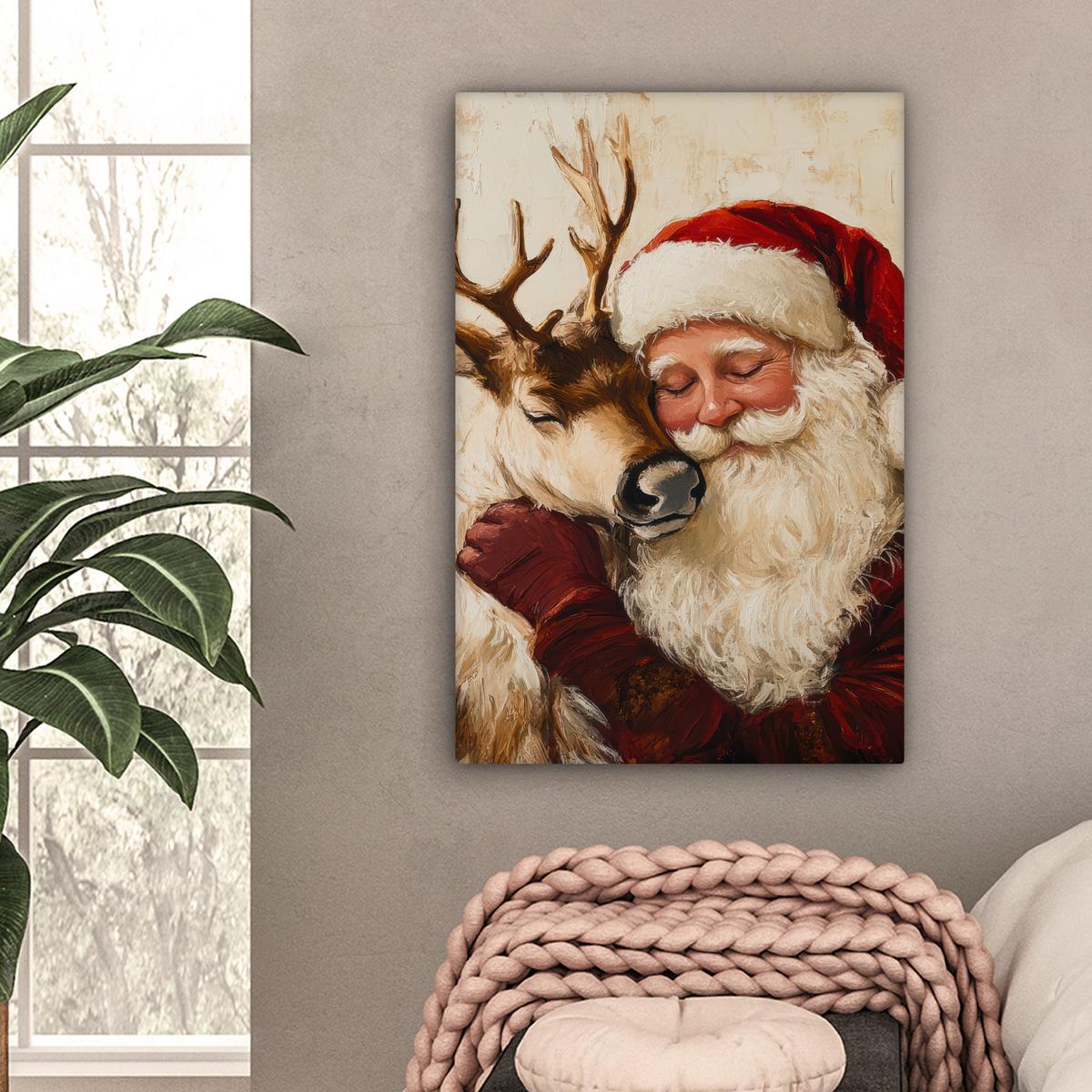 LEINWANDBILD Weihnachtsmann - Rentier - Weihnachten Wanddeko 40x60 cm - Rotbraun, Textil (40/60cm) - MuchoWow