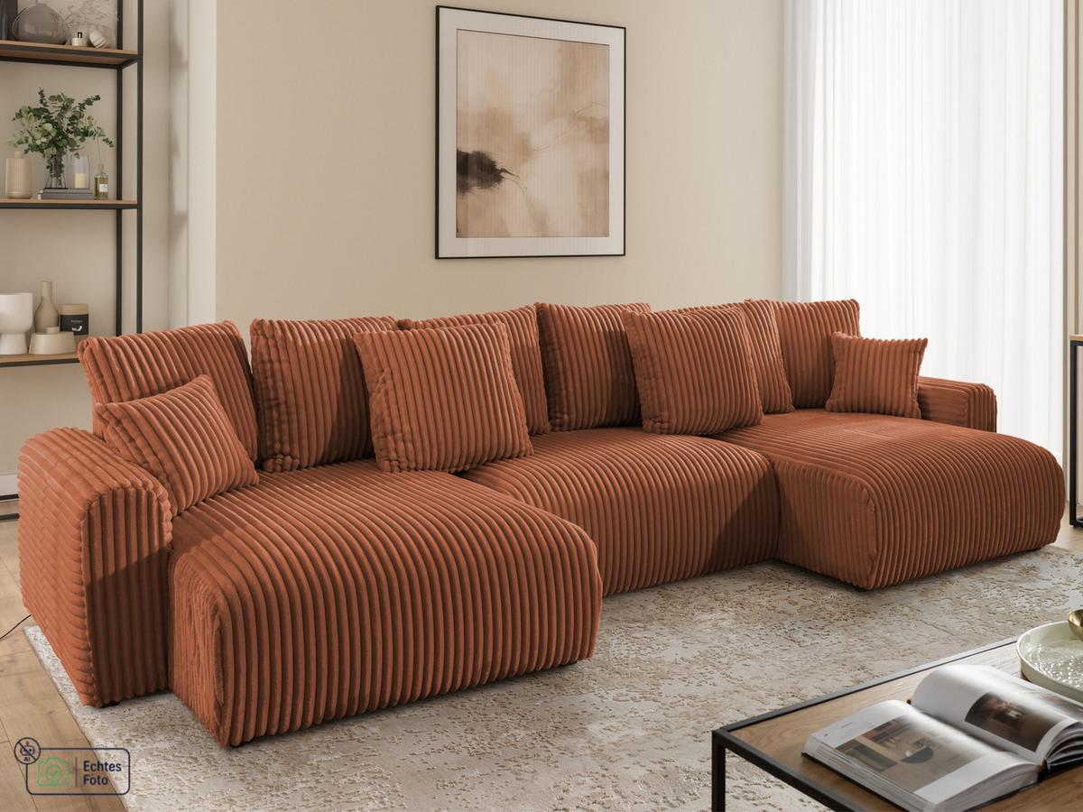 WOHNLANDSCHAFT Calma mit Schlaffunktion und Bettkasten im Bumpy-Design aus weichem Terrakotta Plüschcord - Beige/Terracotta, Holz/Textil (336/88/140cm) - S-Style