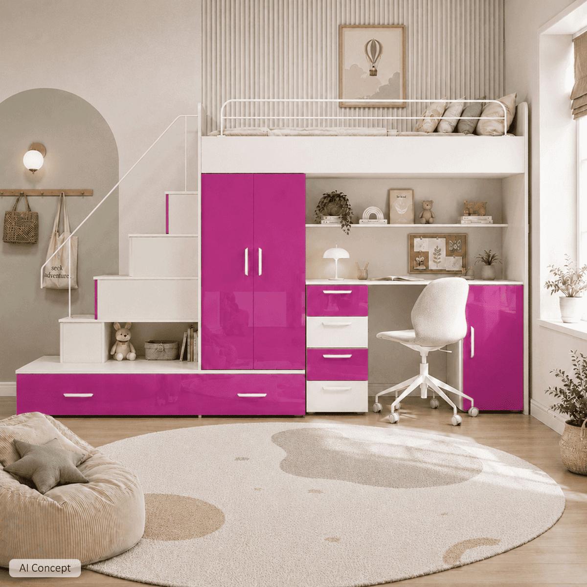 HOCHBETT Set RAJ 5, Hochglanz mit Hochbett, Schrank und Schreibtisch - Magenta/Weiß, Holzwerkstoff (320/180/86cm) - Lookway