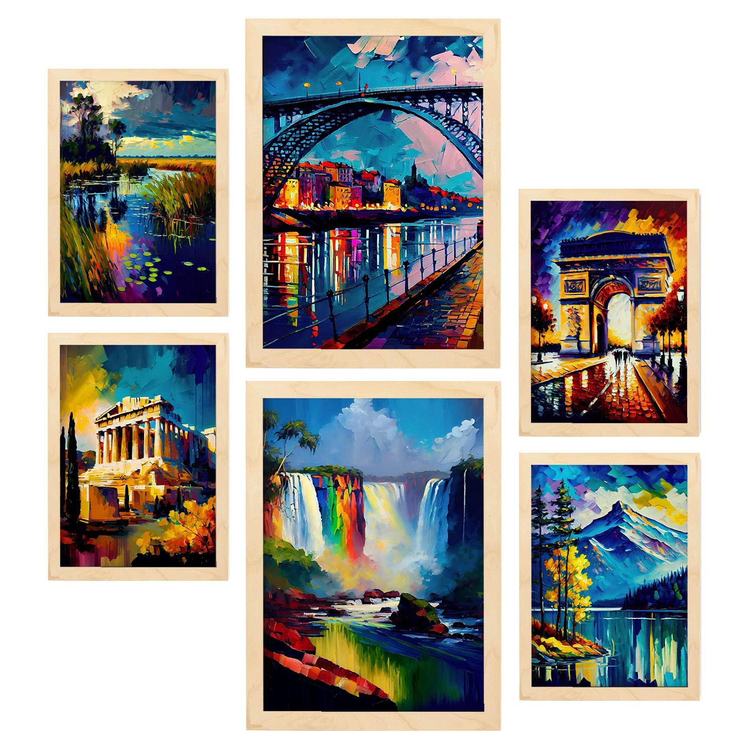 POSTER Set Mit 6 Regenbogen Im Ölgemälde Stil A3 & A4 Rahmen Aus Hellem Holz - Beige, Papier (29/3cm) - Nacnic