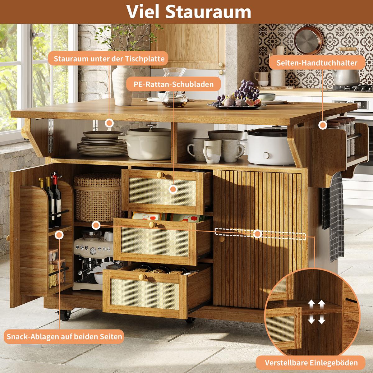 KÜCHENINSEL Dunkelbraun Ausklappbar Mit PE-Rattanschubladen & Rollen - Dunkelbraun, Holzwerkstoff (142.5/95/80cm) - Urban Meuble