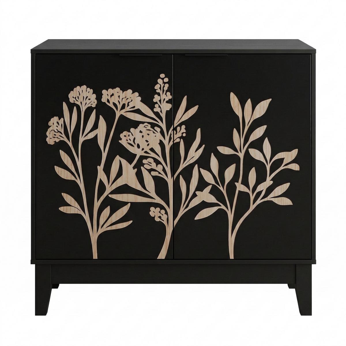 SIDEBOARD 80 cm Schwarz MDF mit 2 Türen, geschnitzter Front und verstellbaren Regalen - Schwarz, Holzwerkstoff (80/76/38cm) - Urban Meuble