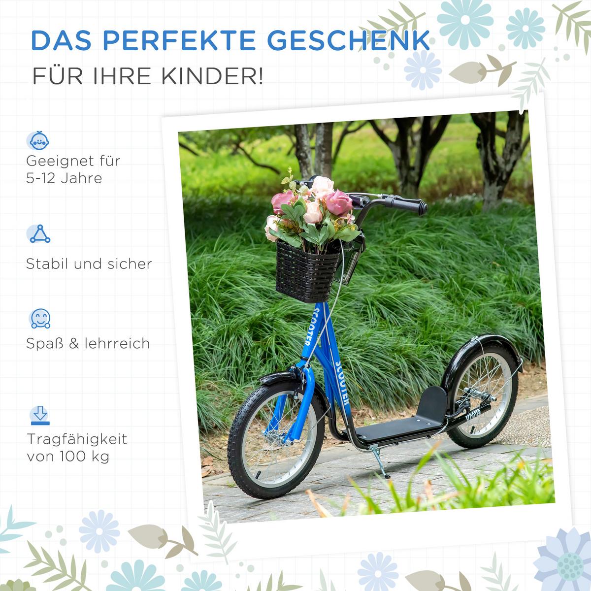 KINDERROLLER Scooter Tretroller mit Bremse Korb höhenverstellbar Gummi Blau - Blau, Metall (139/58/96cm) - HOMCOM