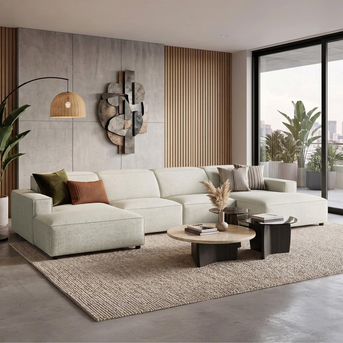 WOHNLANDSCHAFT Sellmo 368 cm - Creme/Schwarz, Kunststoff/Textil (374/70/166cm) - Selsey