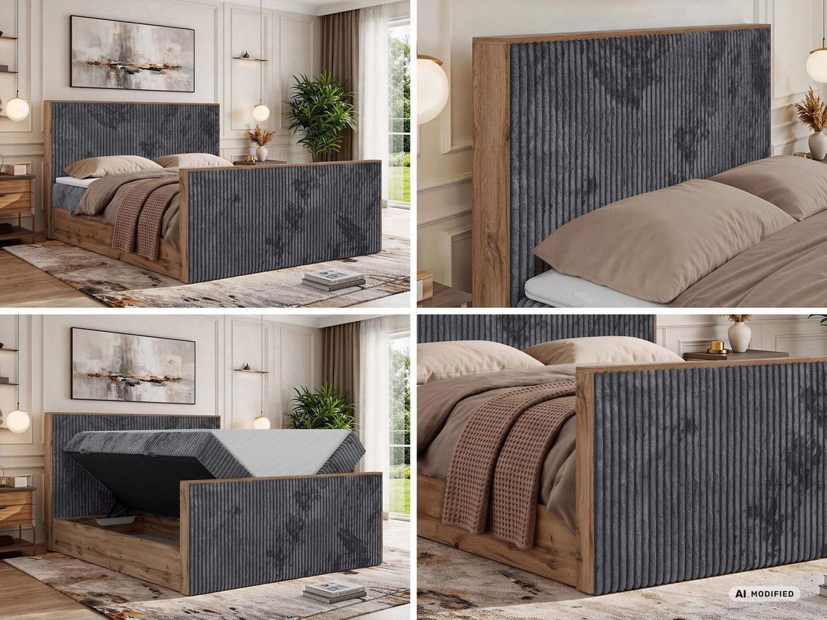 BOXBETT WOOD DUO 140/200 - Grau Cord - Topper Visco - H3 - Schwarz/Grau, Kunststoff/Textil (140/200cm) - MKS