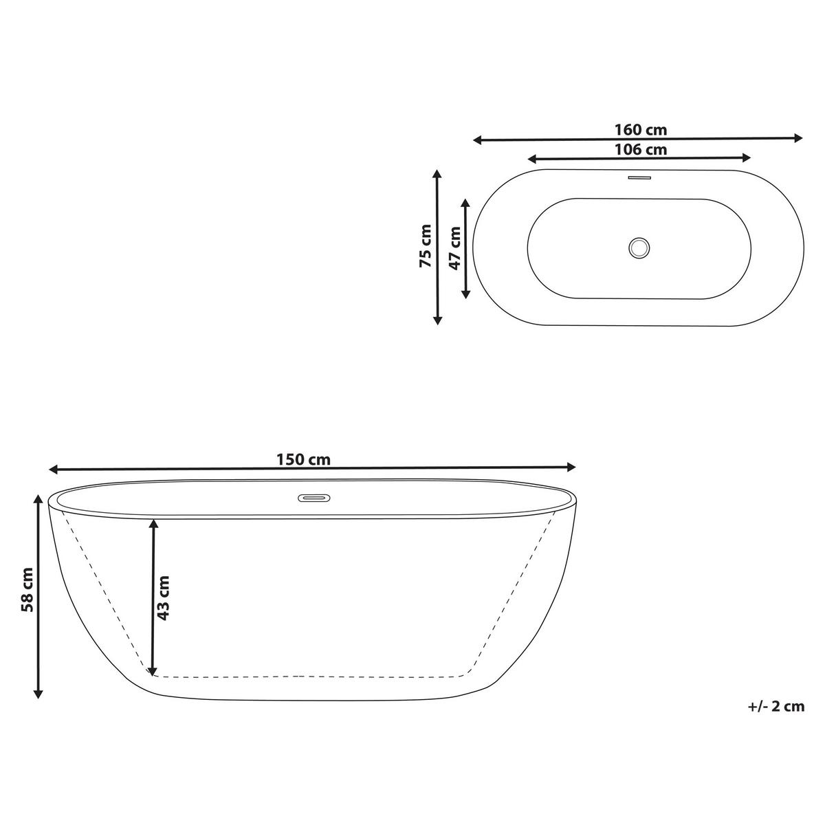 BADEWANNE FREISTEHEND 75x160x58 cm weiß Carrera - Weiß, Kunststoff (75/58/160cm) - Beliani
