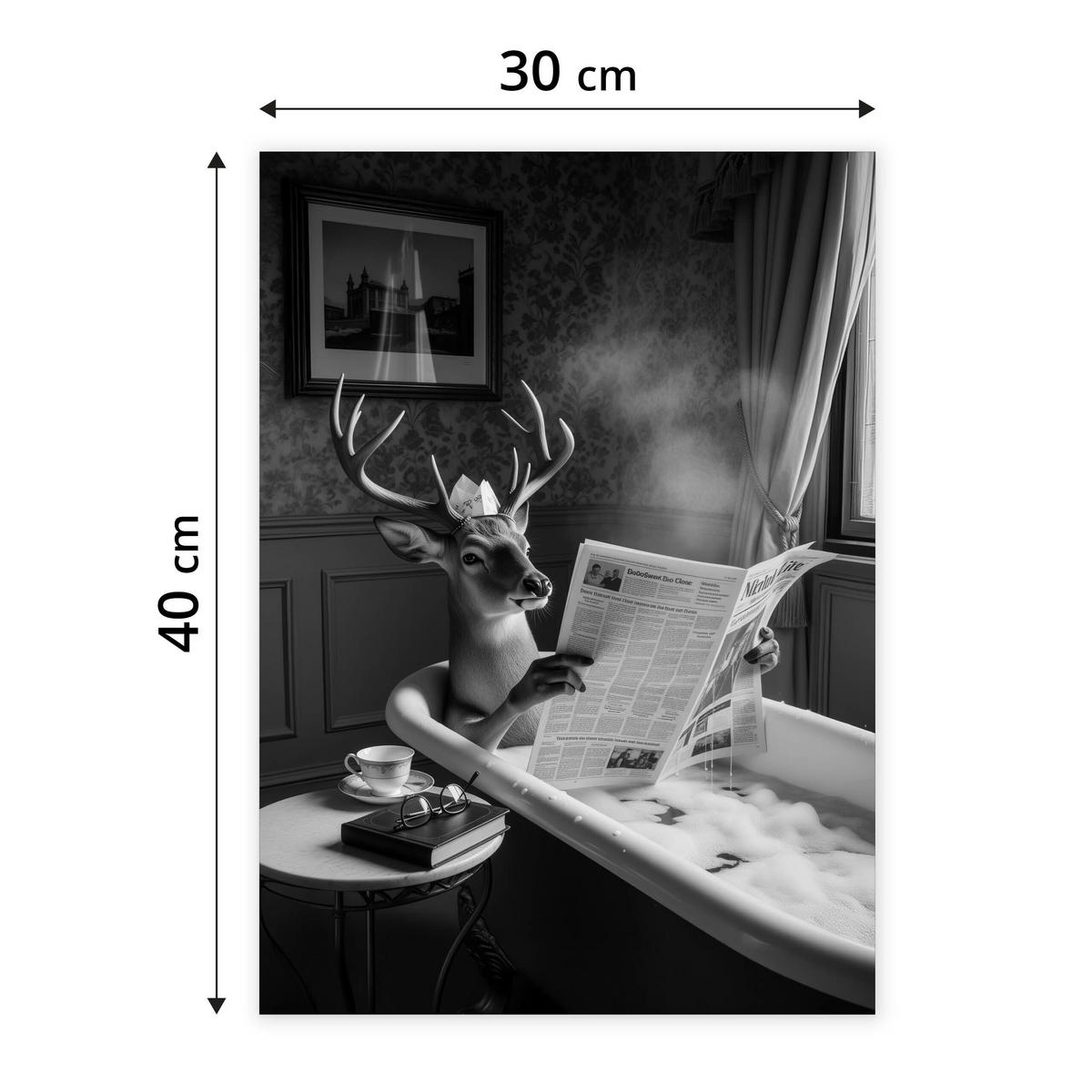 POSTER für Badezimmer WC Rehe HIRSCH in Badewanne Zeitung Abstraktion 30x40cm - Schwarz/Weiß, Papier (30/40/1cm) - Muralo