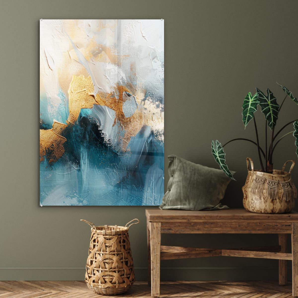 ACRYLGLASBILD Abstrakt - Kunst - Gold - Blau 80x120 cm - Petrol, Glas (80/120cm) - MuchoWow