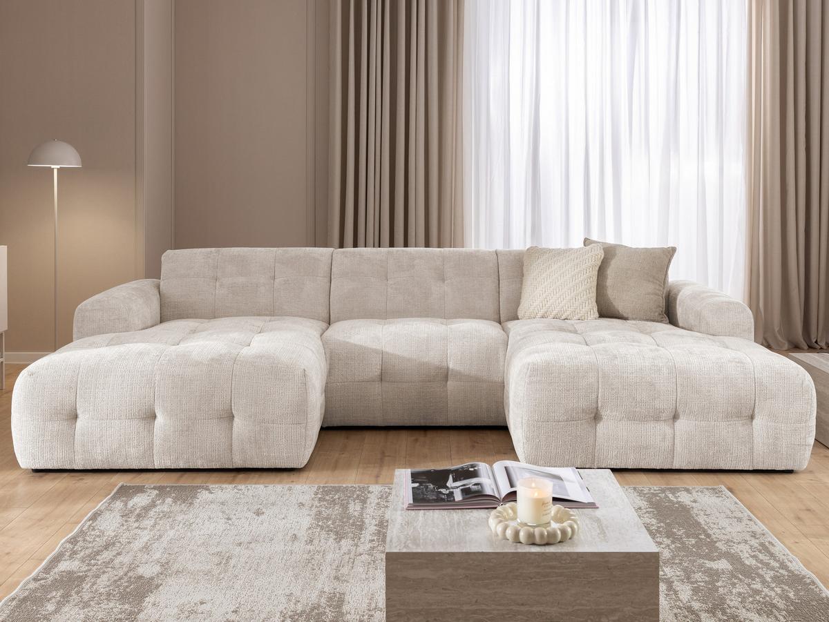 WOHNLANDSCHAFT Kozy im Bumpy-Design mit fester Rückenlehne aus weichem Beige Chenille-Stoff - Beige/Creme, Holz/Kunststoff (323/79/161cm) - S-Style Möbel
