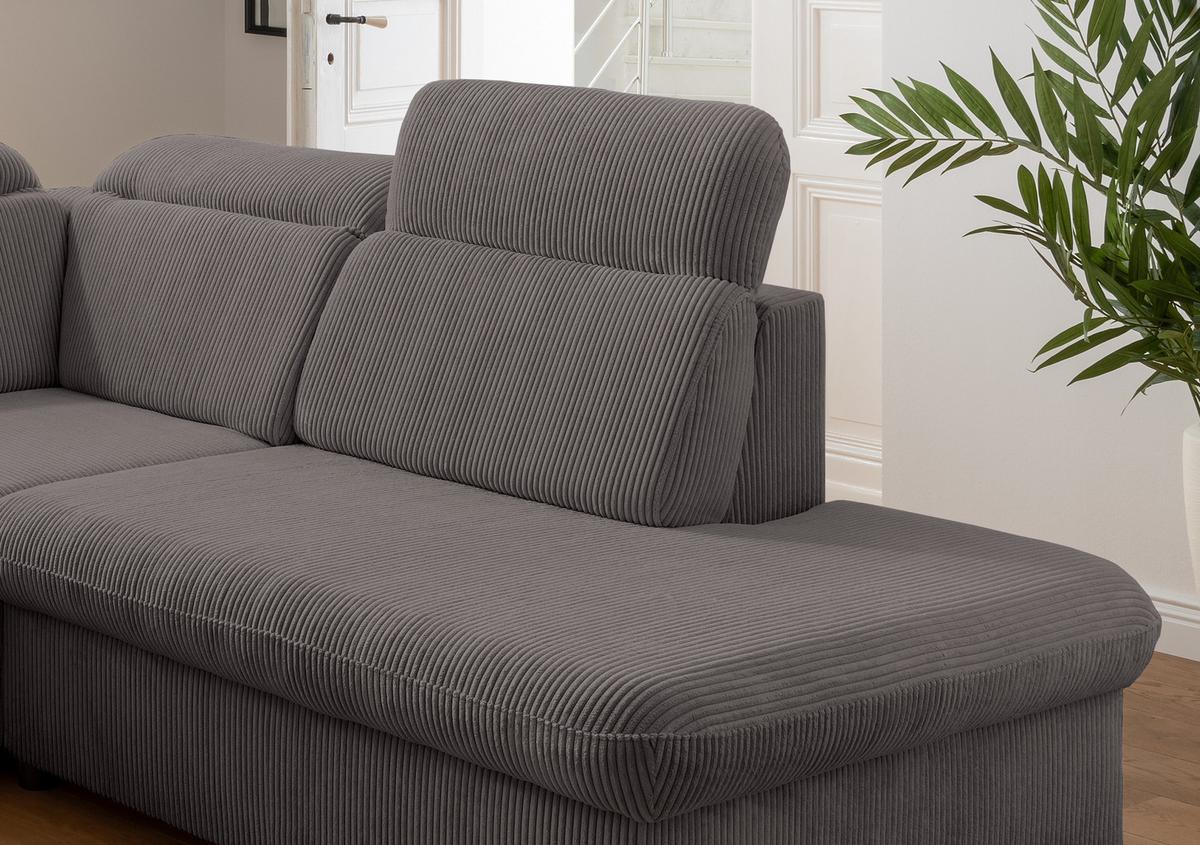 ECKSOFA mit Schlaffunktion, Bettkasten, Kopfstützen verstellbar, Wellenunterfederung, Ottomane rechts B283/T228/H102 cm, Cord Dunkelgrau / 17217 - Chromfarben/Dunkelgrau, Textil/Metall (283/228cm) - luma-home