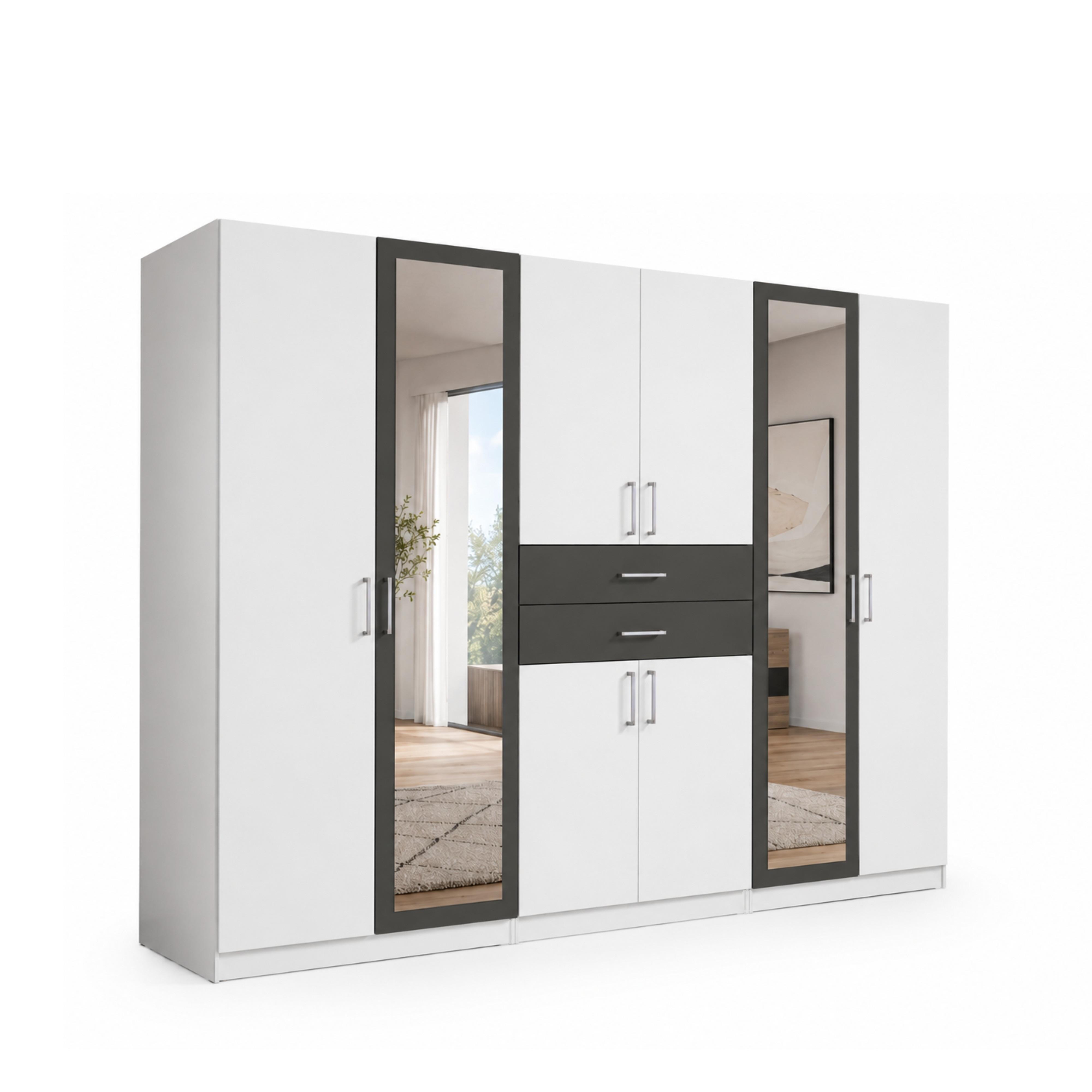 DREHTÜRENSCHRANK B270/H208/T58 cm, Weiß mit Absetzungen in Grafit, Kleiderschrank mit 2 Spiegeltüren & Schubkästen / 22594 - Silberfarben/Graphitfarben, Holzwerkstoff/Kunststoff (270/208/58cm) - luma-home