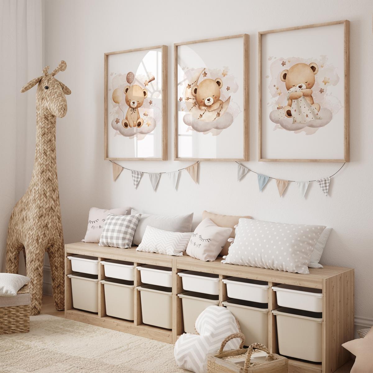 POSTER SET für Kinderzimmer Schlafende Bären auf Wolken Sterne 3x Poster A3 30x42cm - Beige/Braun, Papier (30/42/1cm) - Muralo