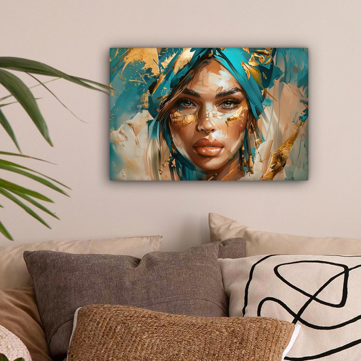 LEINWANDBILD Frau - Porträt - Gold - Luxus - Blau Deko Schlafzimmer 30x20 cm - Türkis, Textil (30/20cm) - MuchoWow