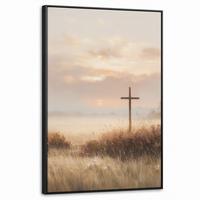 LEINWAND Bilder mit Rahmen - Gras - Morgennebel - Kreuz - Christentum - 60x90 - Beige, Textil (60/90cm) - MuchoWow