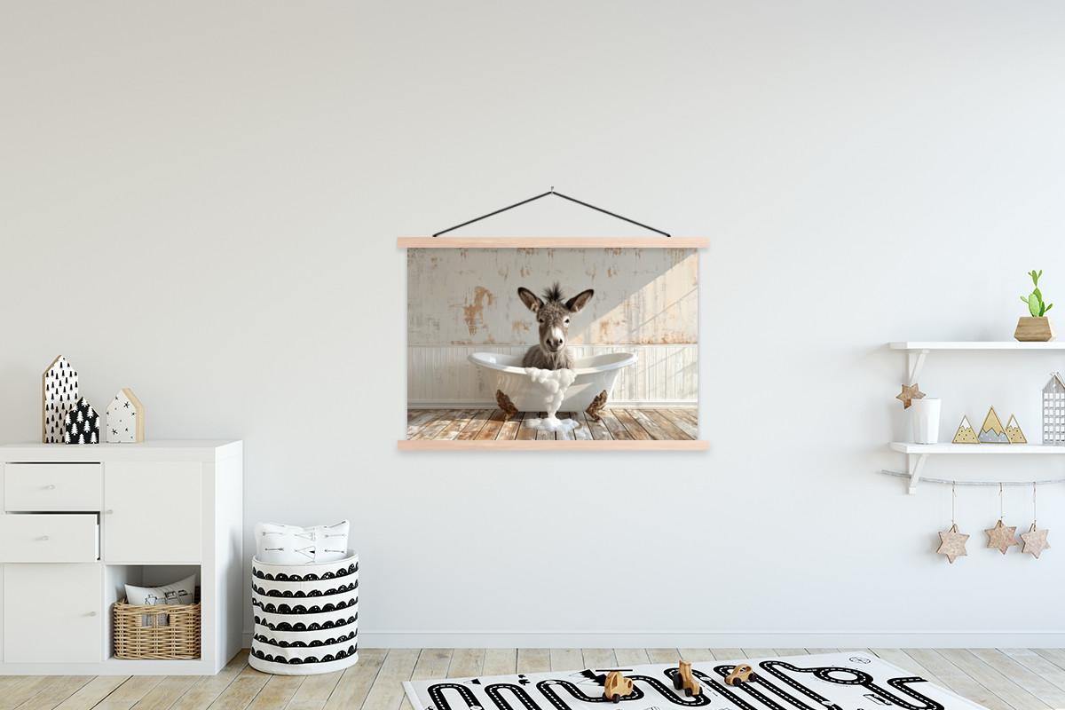POSTER MIT MAGNETLEISTEN Esel - Tiere - Badewanne - Schaumstoff Magnetleiste 120x80 cm - Weiß, Textil (120/80/0.15cm) - MuchoWow