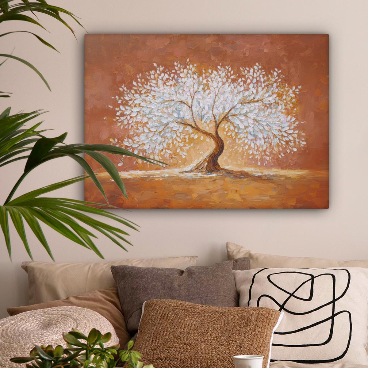 LEINWANDBILD Abstrakt - Baum - Weiß - Blätter Wandbilder 80x60 cm - Braun, Textil (80/60cm) - MuchoWow