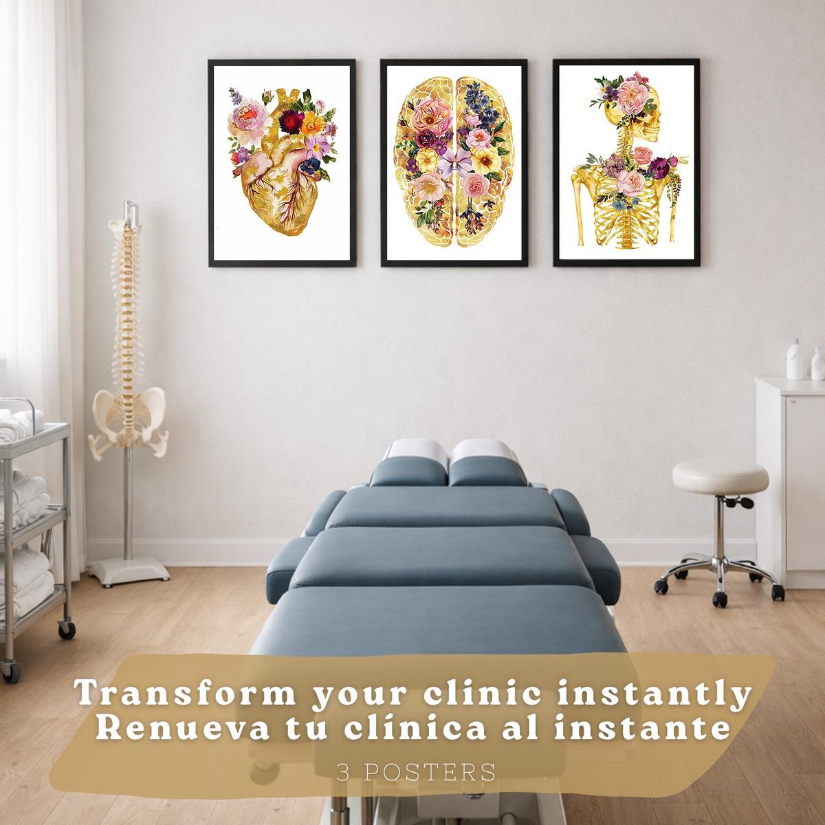 POSTER Set aus 3 Anatomie Mensch Drucke und Wandbilder mit Herz Gehirn und Skelett Goldenes Florales Design Wanddekoration Größe Schwarzer Rahmen A4 - Schwarz, Papier (21/29.7/3cm) - Nacnic