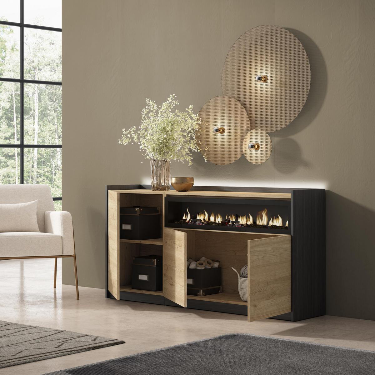SIDEBOARD, Eiche und Schwarz, 156/37/80cm, Kamin mit Feuereffekt - Eichefarben, Holzwerkstoff (156/80/37cm) - Skraut Home