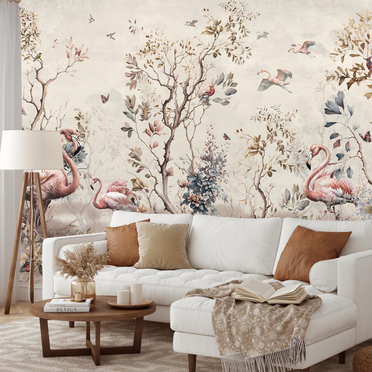 FOTOTAPETE für Wohnzimmer Wunderschöne Flamingos Natur Schmetterlinge 100x70 - Multicolor, Papier (100/70cm) - Muralo