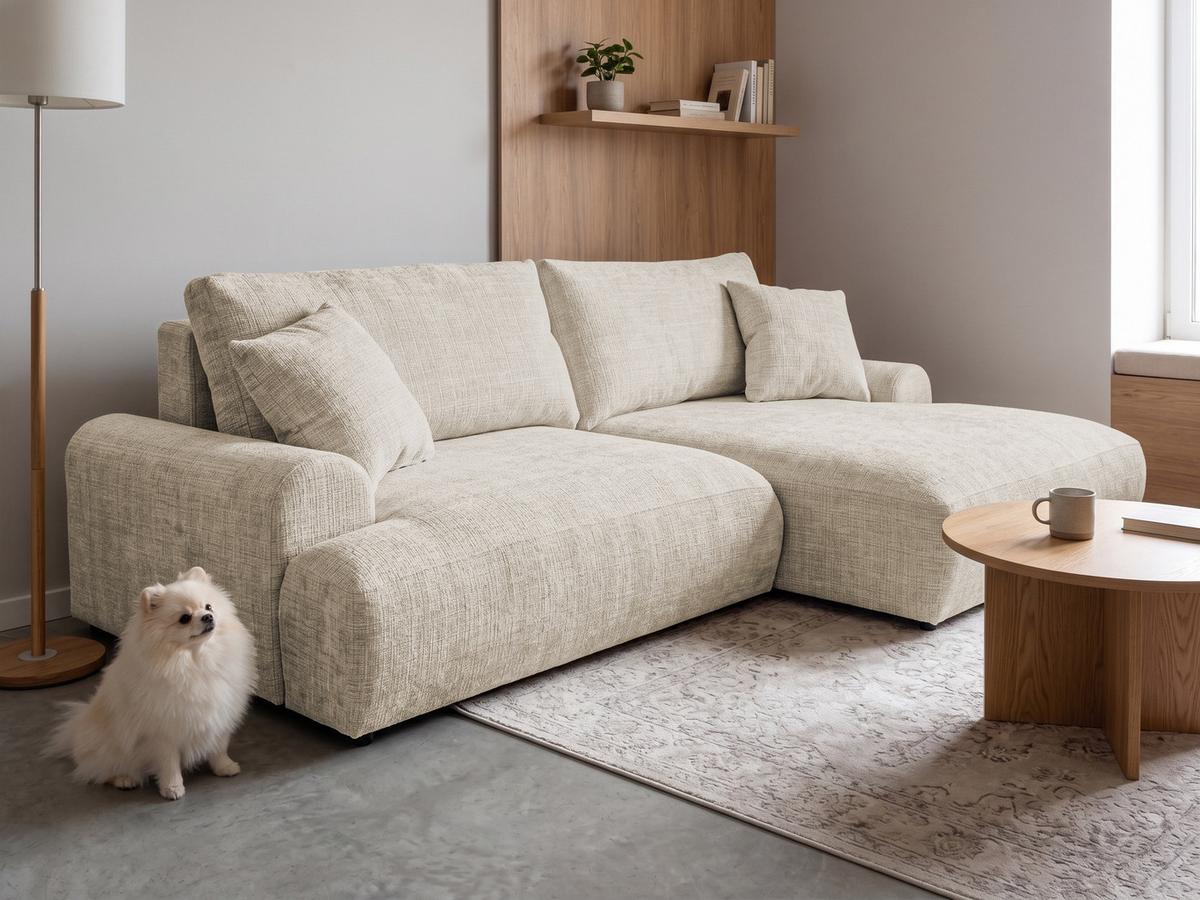 ECKSOFA Melvano mit Schlaffunktion und Bettkasten im Japandi-Stil aus weichem Beige Chenille-Stoff - Creme/Schwarz, Holz/Kunststoff (240/145cm) - S-Style