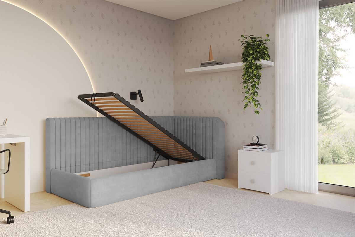 EINZELLBETT Jugendbett mit Bettkasten und Matratze H3/H4, Links - AURY 90x200 Grau - Hellgrau, Holzwerkstoff/Textil (90/200cm) - ALTDECOR