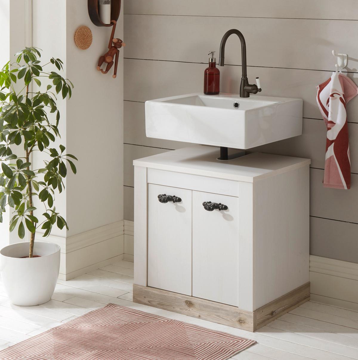 WASCHBECKENUNTERSCHRANK Pinie weiß, Oslo Pinie Landhaus, Badschrank, 60 x 63 cm - Dunkelgrau/Weiß, Holzwerkstoff/Metall (60/63/46cm) - Furn.Design