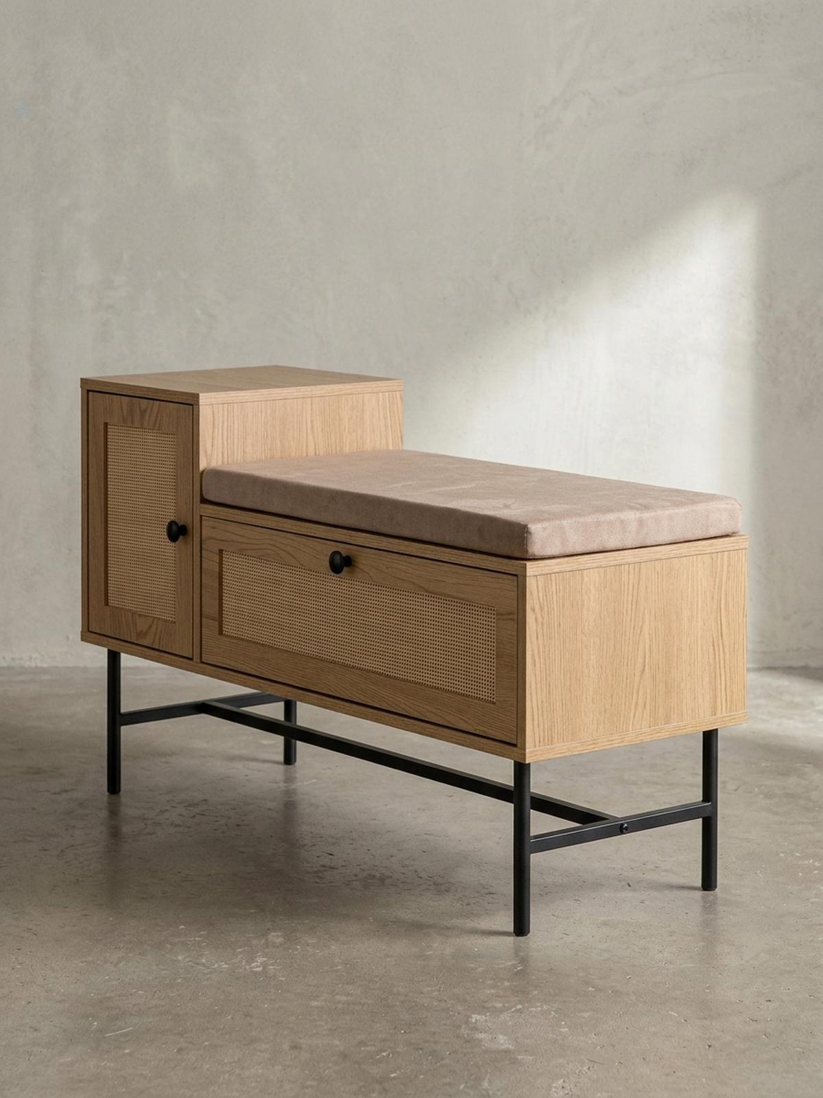 SCHUHBANK – Eiche-Dekor, 100x60x38 cm, Rattan-Elemente, gepolstert, mit Stauraum - Beige/Schwarz, Textil/Metall (100/60/38cm) - KADIMA DESIGN