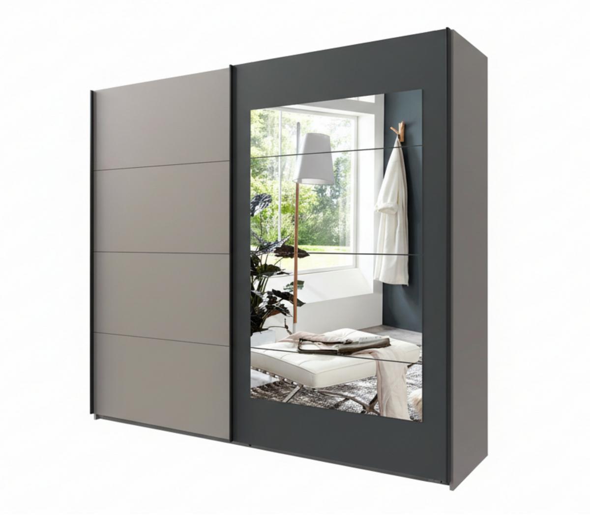 SCHWEBETÜRENSCHRANK 2-türig B225/H208/T65 cm, Kleiderschrank in Sandgrau mit Rahmenspiegel auf Tür in Anthrazit / 22009 - Sandfarben/Anthrazit, Holzwerkstoff/Metall (225/208/65cm) - luma-home