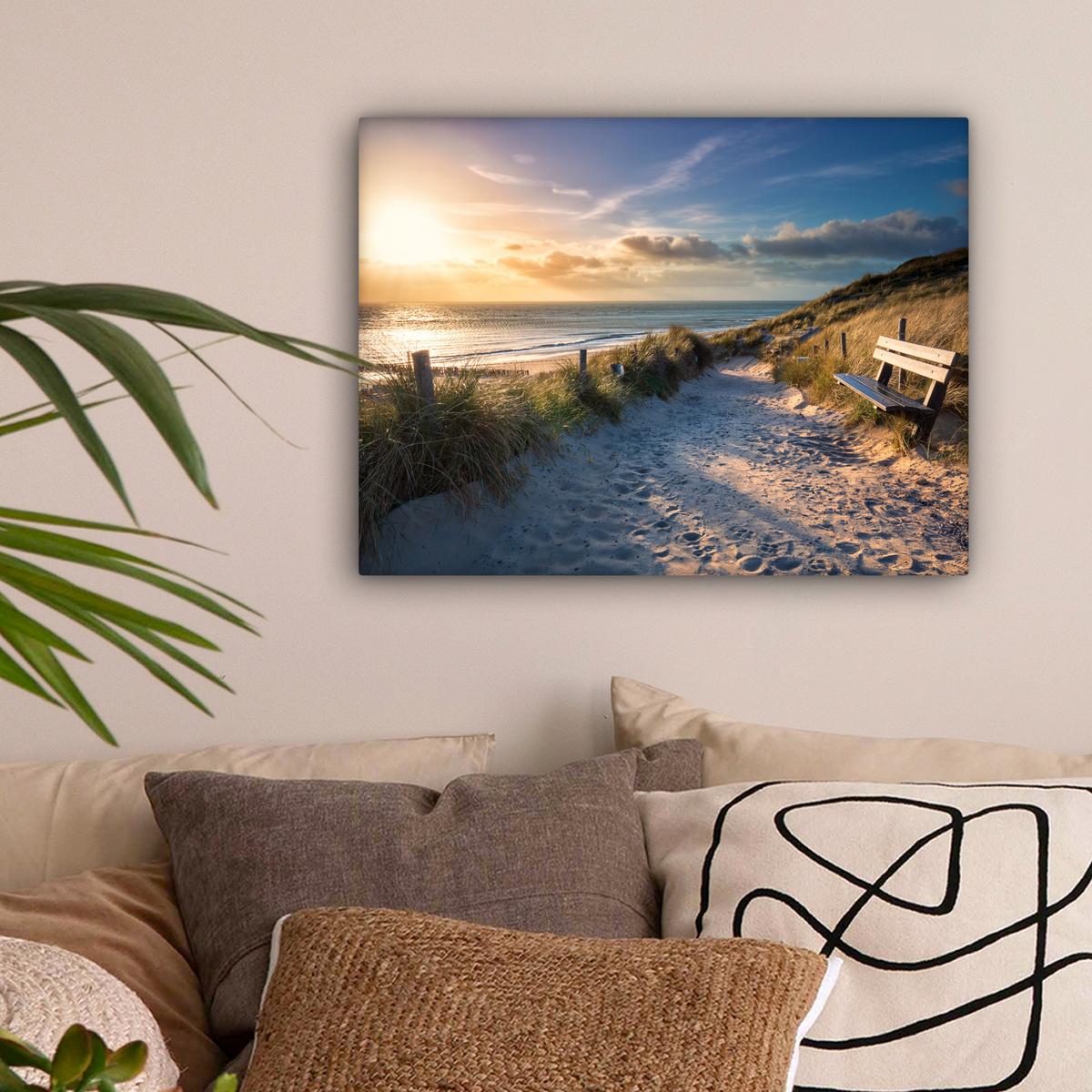 LEINWANDBILD Sonnenuntergang - Strand - Düne - Gras - Ufer Wandbild 40x30 cm - Sandfarben, Textil (40/30cm) - MuchoWow