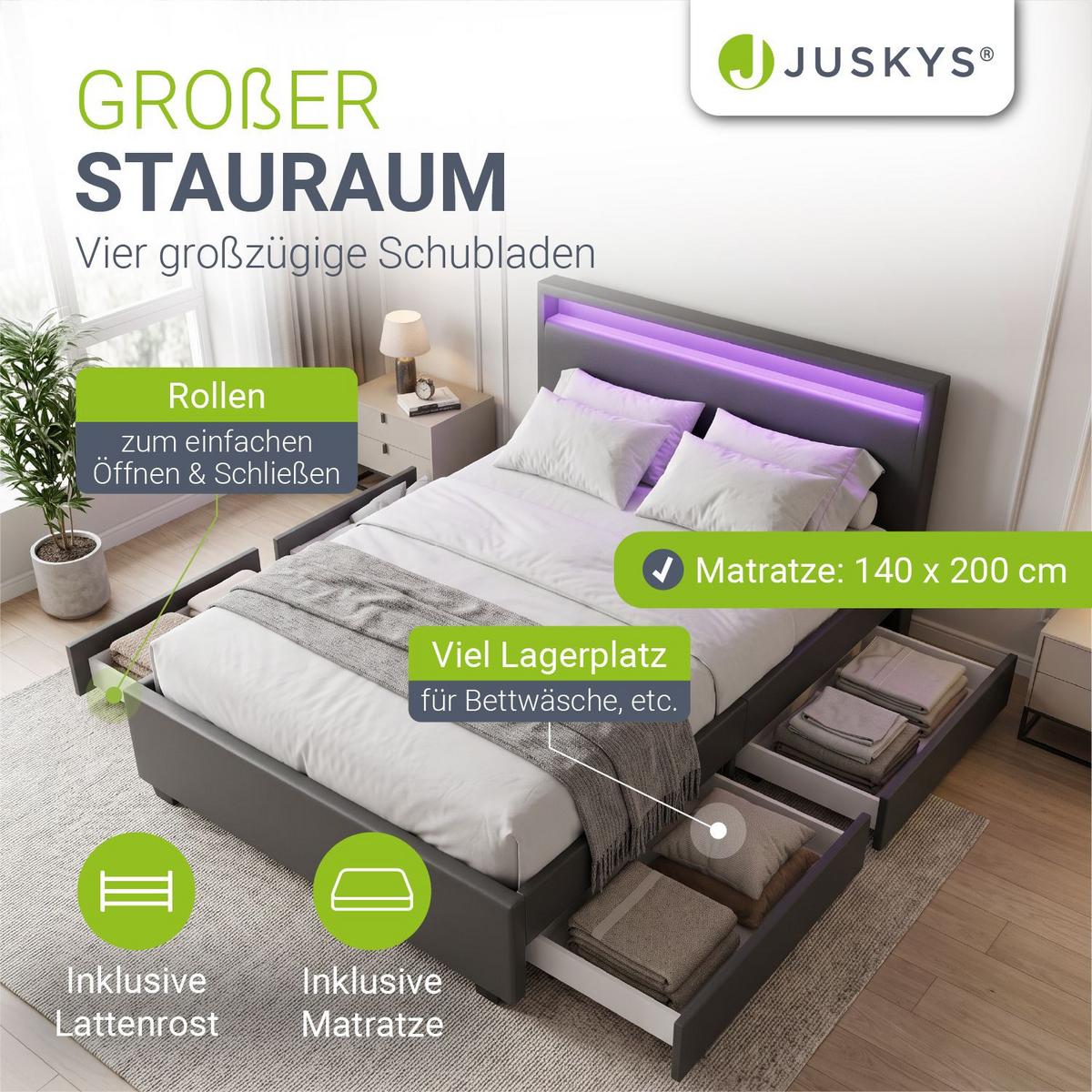 POLSTERBETT Lyon mit Matratze dunkelgrau 140x200cm - Grau, Textil (140/200cm) - Juskys