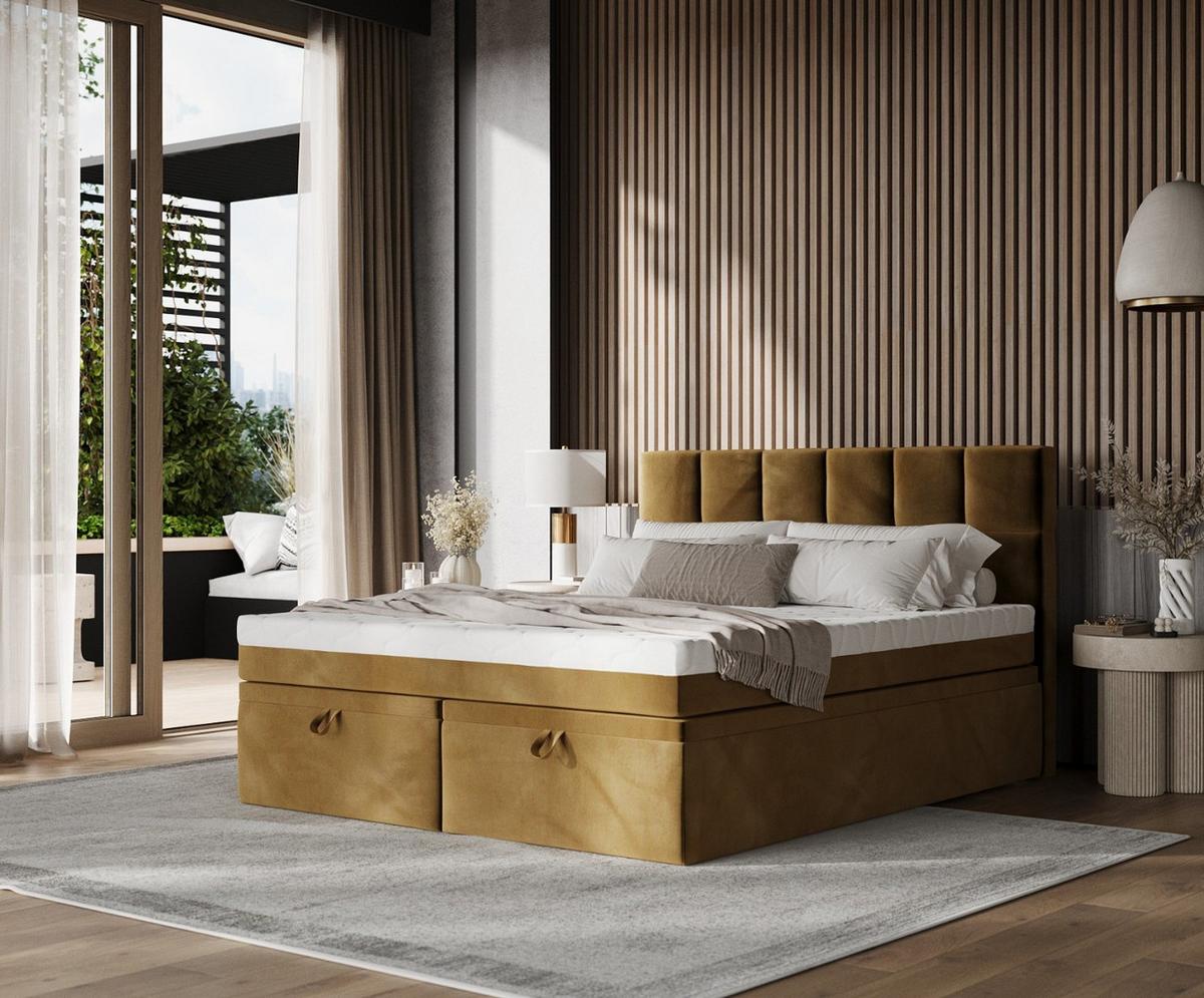 BOXBETT Elano 200/200 cm Honiggelb im Kronos Stoff - Schwarz/Honig, Holz/Holzwerkstoff (200/200cm) - AltaBeds