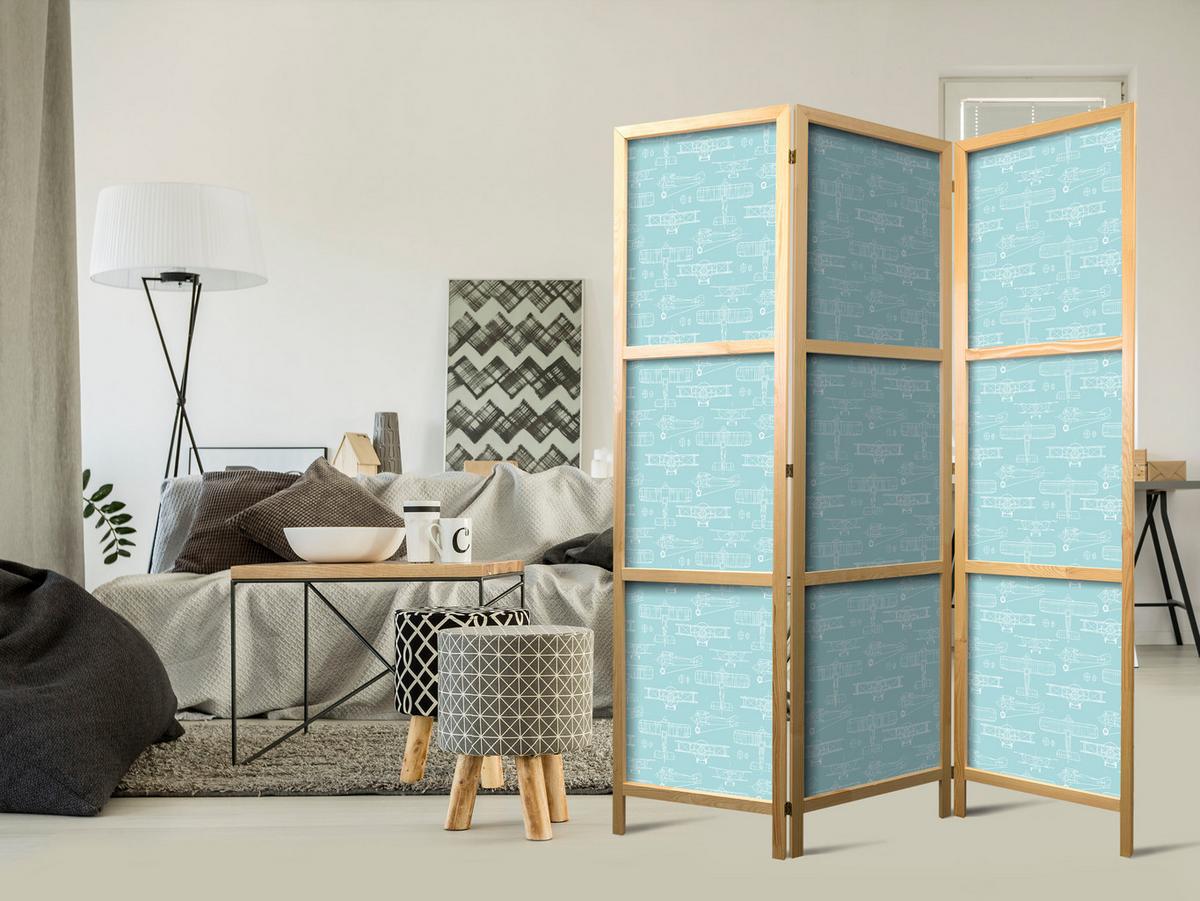 PARAVENT Japanischer 3-tlg 135x172 cm Flugzeuge - Blau, Holz/Textil (135/172/3cm) - Muralo