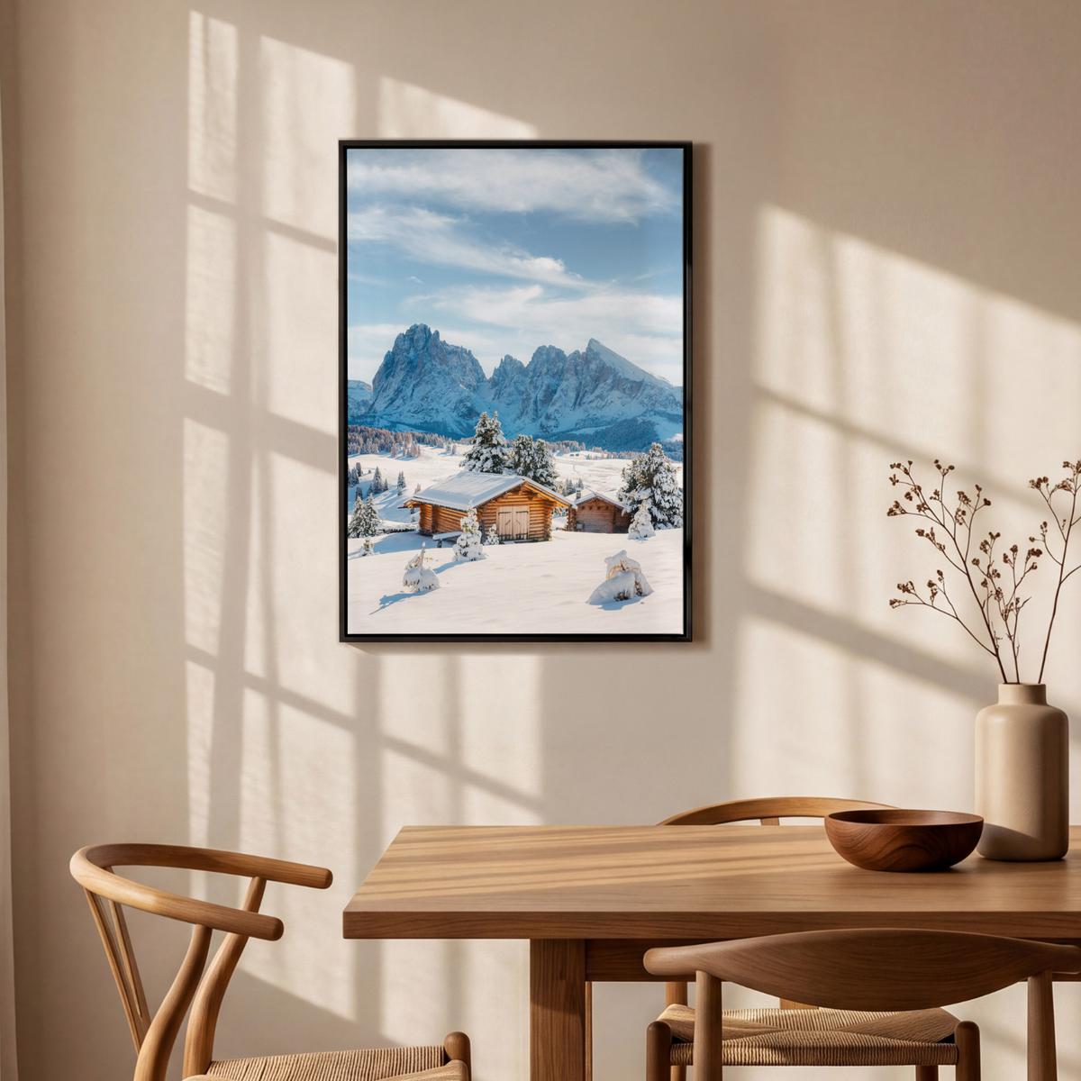 LEINWAND Bilder mit Rahmen - Winter - Hütte - Berge - Aussicht - Schnee - 60x90 - Eichefarben, Textil (60/90cm) - MuchoWow