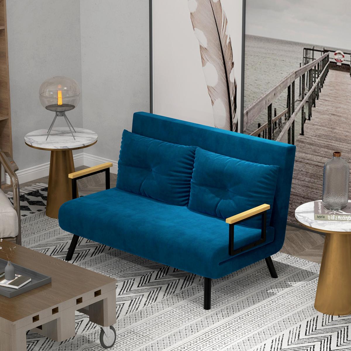 SCHLAFSOFA, Zweisitzer mit Bettfunktion, Schlafcouch mit Samtoptik, Rückenkissen - Blau/Schwarz, Holz/Textil (73/81/102cm) - HOMCOM