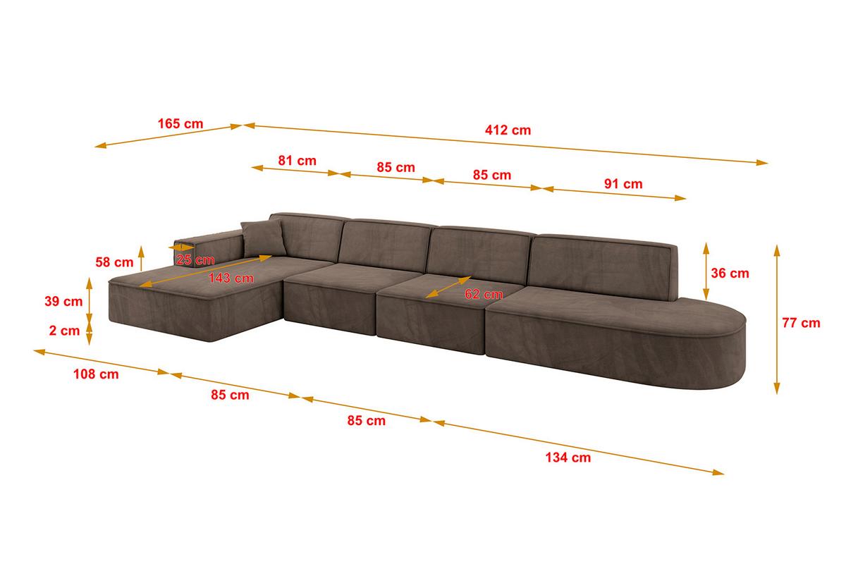 ECKSOFA Ottomane Links IREA-L3-v4 - 412x165x77 cm Braun - Braun, Holzwerkstoff/Textil (412/165cm) - ALTDECOR