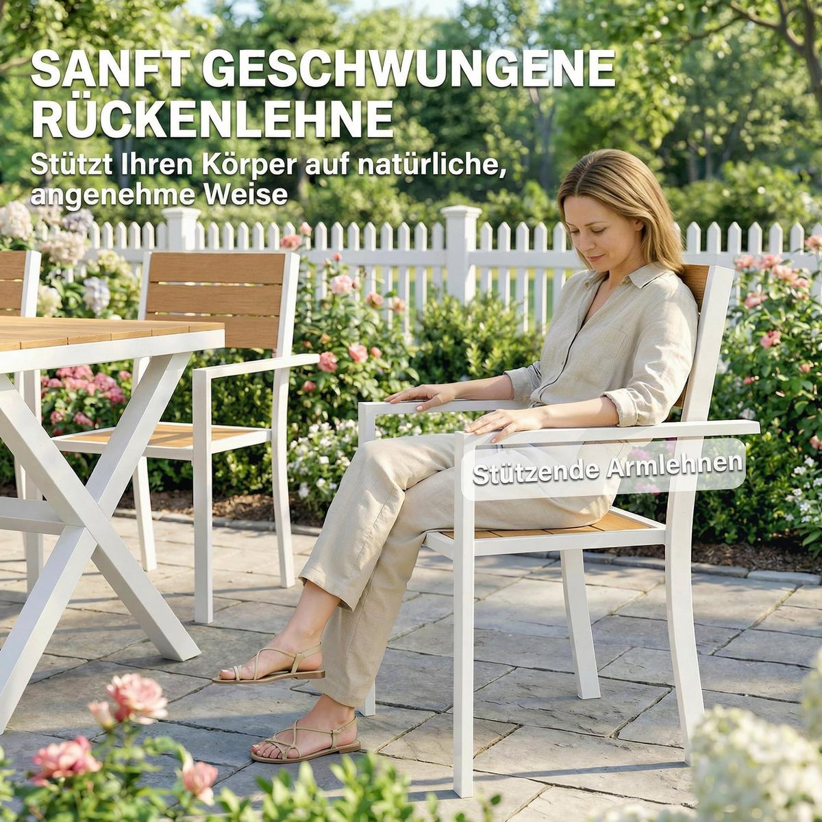 OUTDOOR-ESSGRUPPE 7er Set Aluminium Kunstholz Teak - Weiß, Kunststoff/Metall - Outsunny