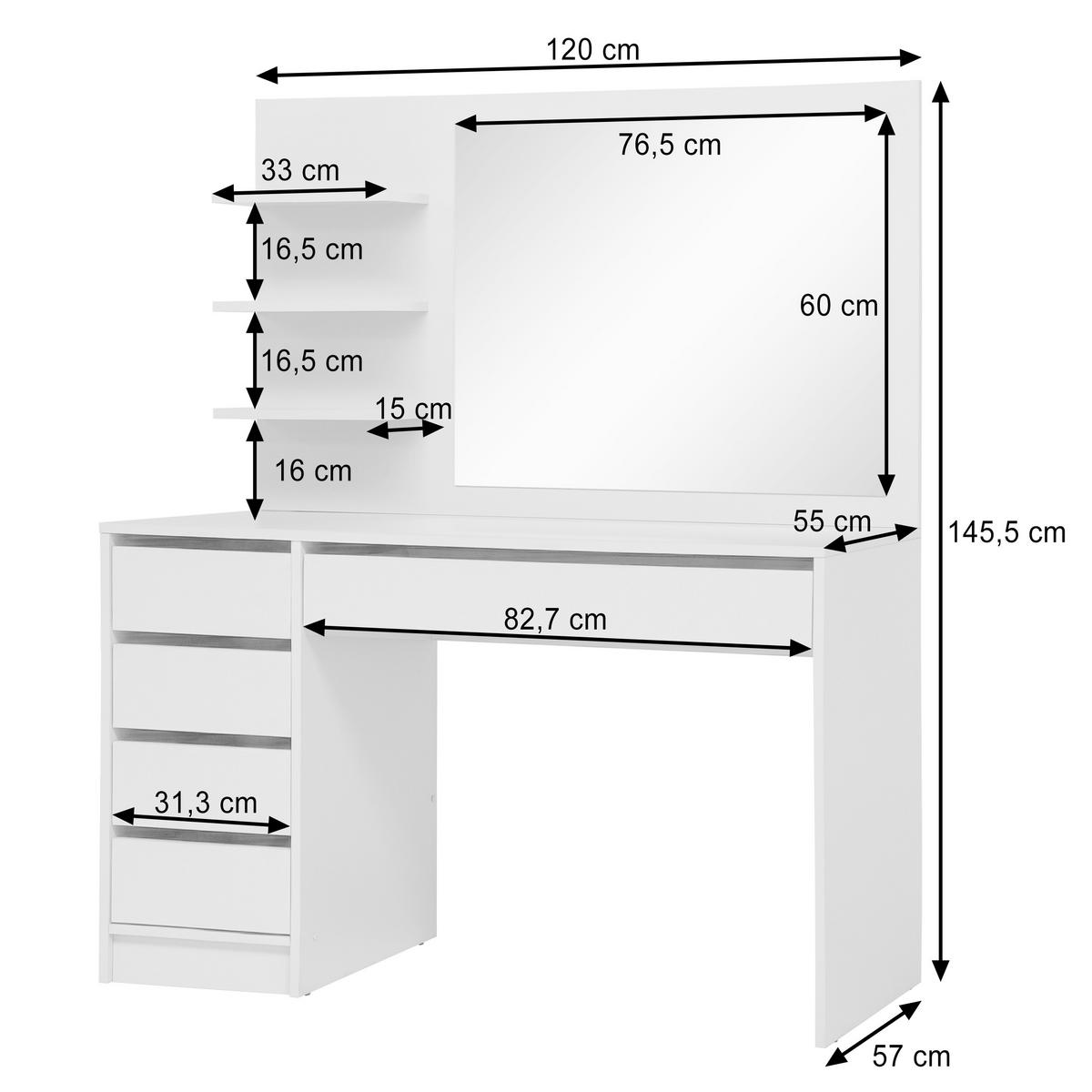 SCHMINKTISCH Malta mit 5 Schubladen, mit Spiegel, grifflos, Weiß - Weiß, Holzwerkstoff (120/145.5/57cm) - Beautysofa
