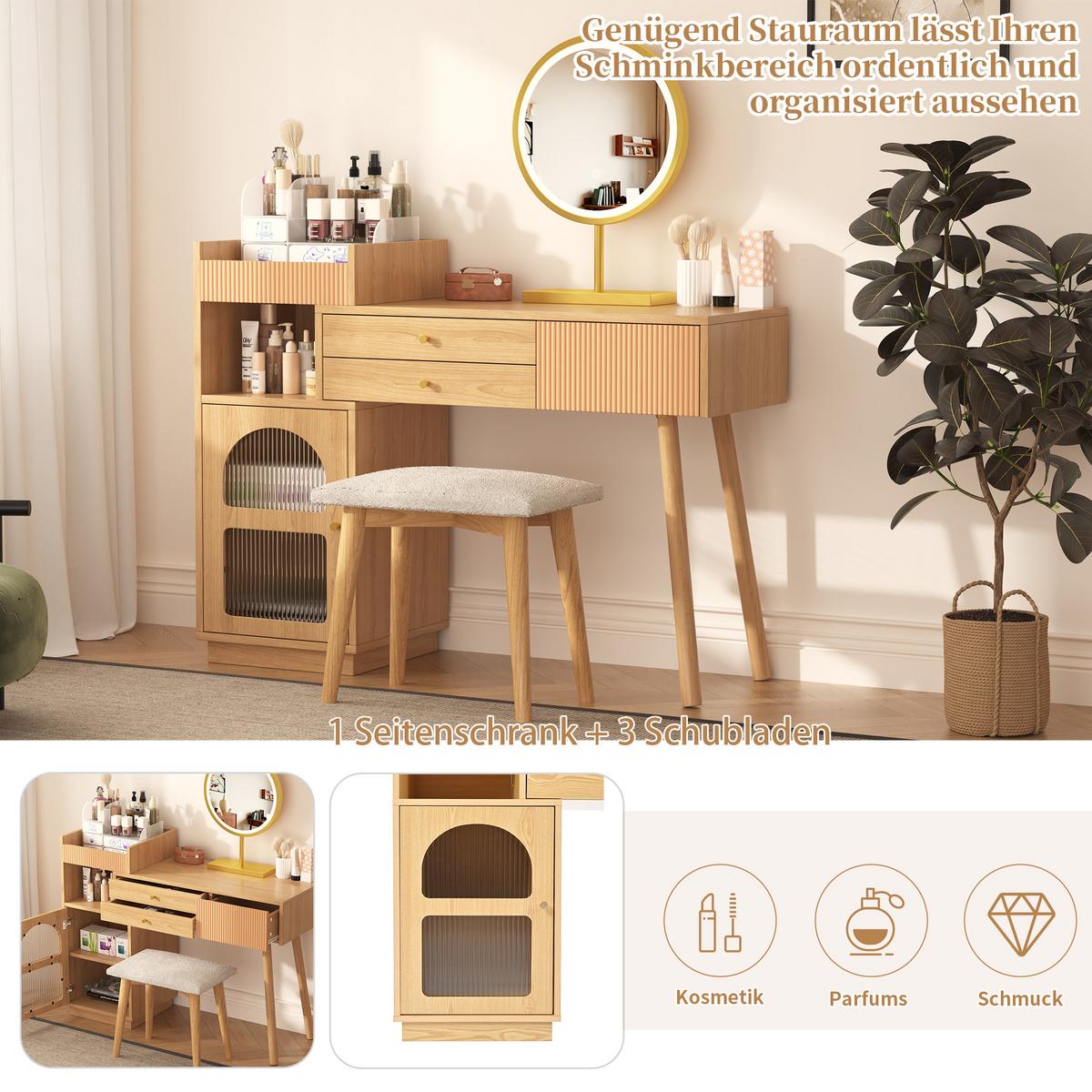 SCHMINKTISCH mit LED-Spiegel – Holzoptik, 3 Schubladen & Seitenschrank - Sonoma Eiche, Holzwerkstoff/Metall (120/90/40cm) - Urban Meuble