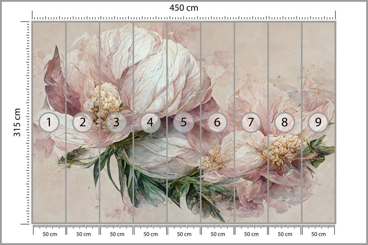 FOTOTAPETE für Wohnzimmer Vintage Rosa Blumen Blätter Natur 450x315 - Beige/Creme, Papier (450/315cm) - Muralo
