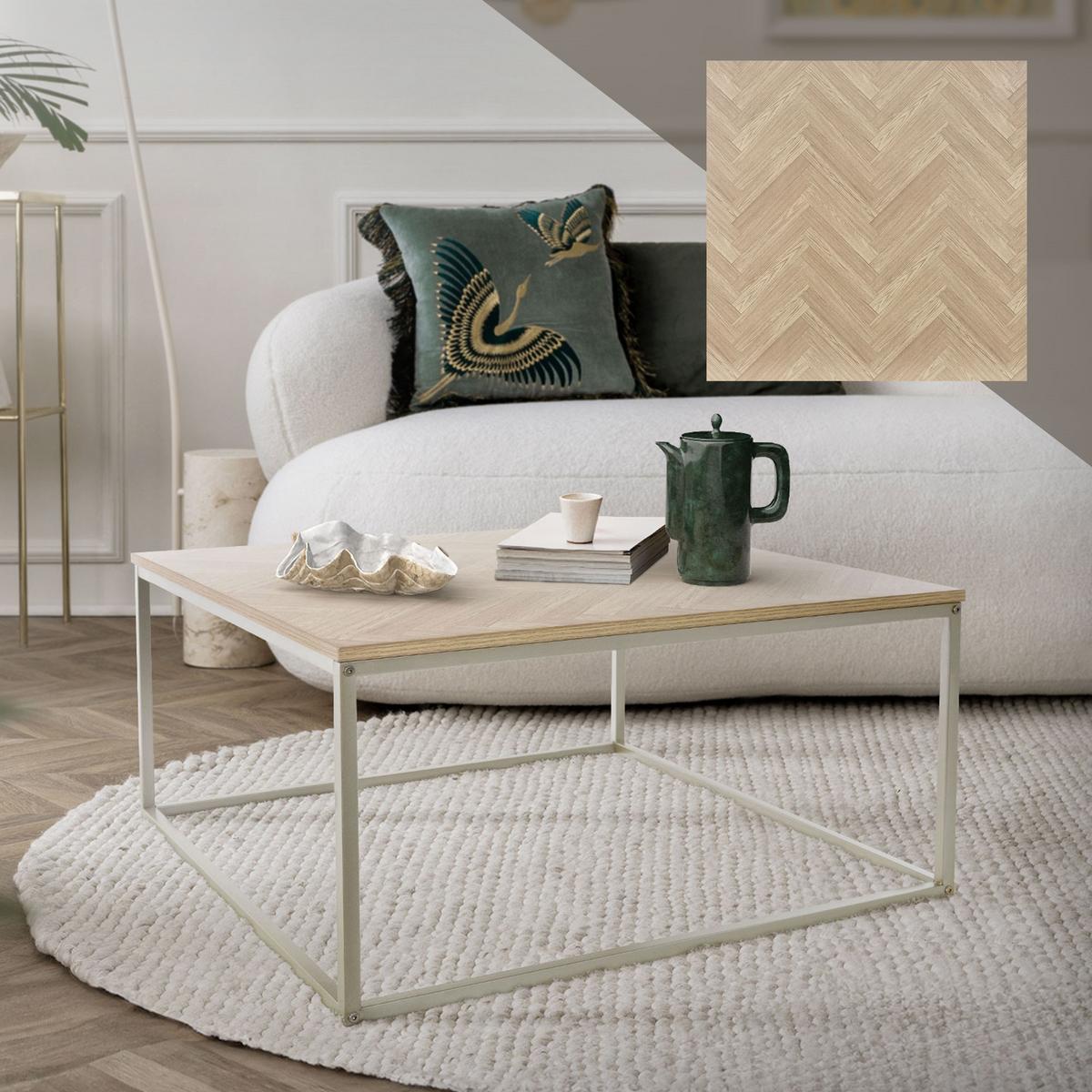 COUCHTISCH 80x80x40 cm Eiche mit Fischgrätenmuster Stahlgestell - Braun, Metall (80/80/40cm) - ML-DESIGN